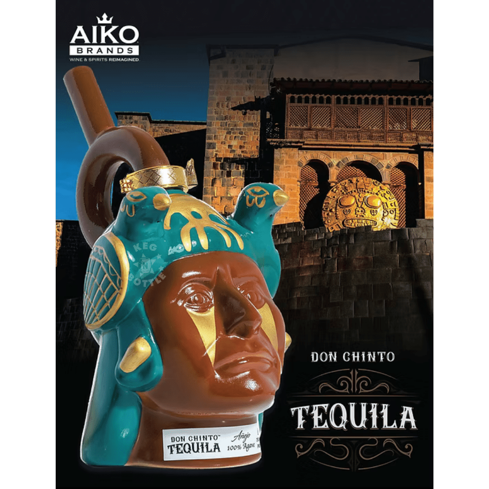 Don Chinto Moche Vessel Head Añejo Tequila in handcrafted ceramic bottle inspired by ancient Moche pottery with turquoise and gold decorative accents4