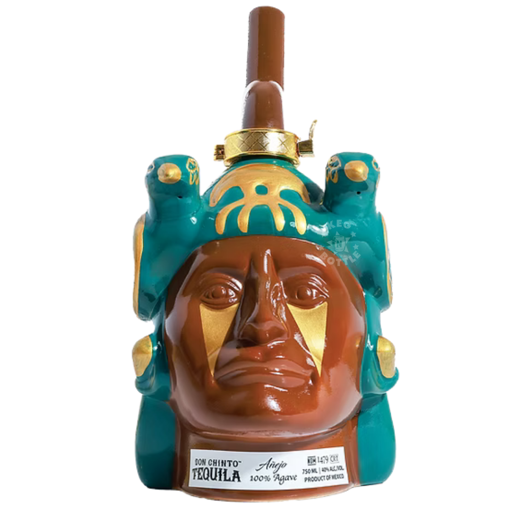 Don Chinto Moche Vessel Head Añejo Tequila in handcrafted ceramic bottle inspired by ancient Moche pottery with turquoise and gold decorative accents