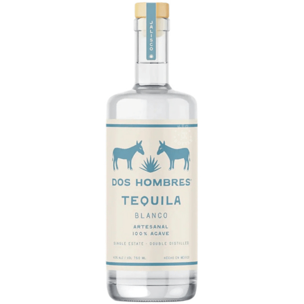 Dos Hombres Tequila Blanco 750mL bottle crafted from 100% Blue Weber Agave using traditional artisanal distillation methods.
