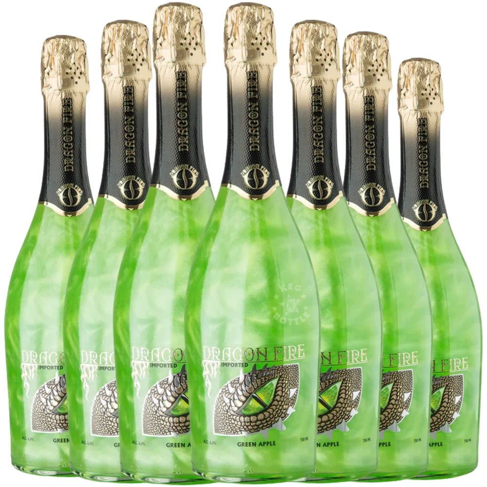 Dragon Fire Green Apple Wine bottles featuring bright green wine in dragon-themed glass bottles. 7 Pack