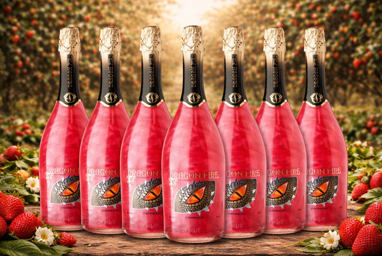 Dragon Fire Strawberry Wine bottles featuring bright red wine in dragon-themed glass bottles. Background - 7 Pack