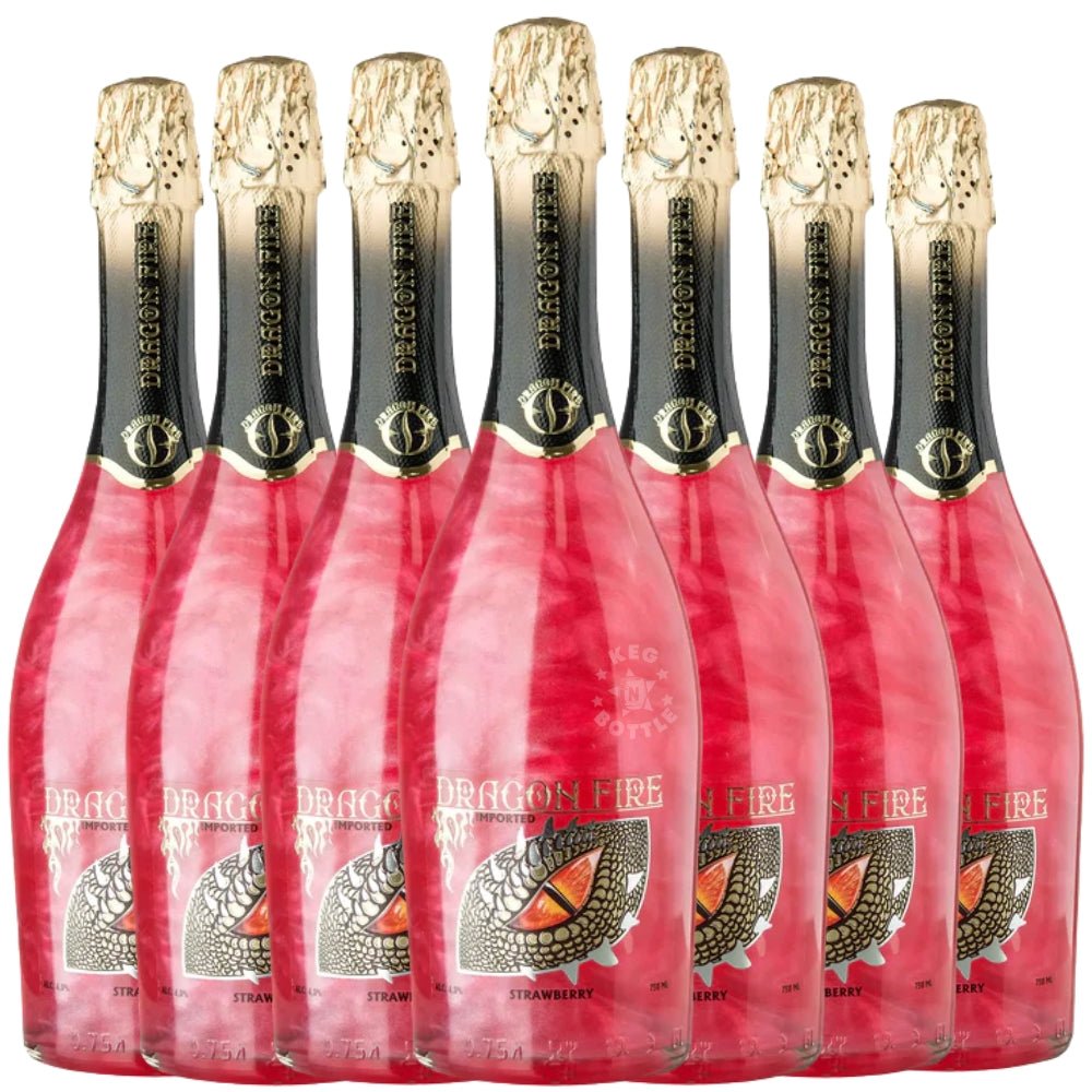 Dragon Fire Strawberry Wine bottles featuring bright red wine in dragon-themed glass bottles - 7 pack