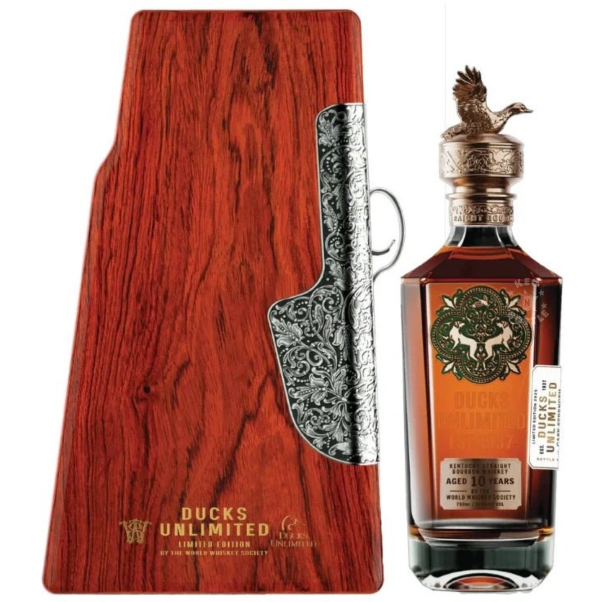 Ducks Unlimited 10-Year Bourbon bottle with custom duck topper and case