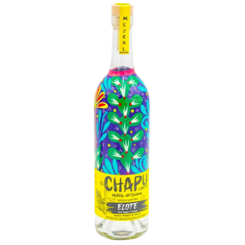 El Chapu Linero Espadín Elote Mezcal Artesanal 750mL bottle featuring colorful green, purple, and blue floral artwork, a bright yellow label, and Elote branding.