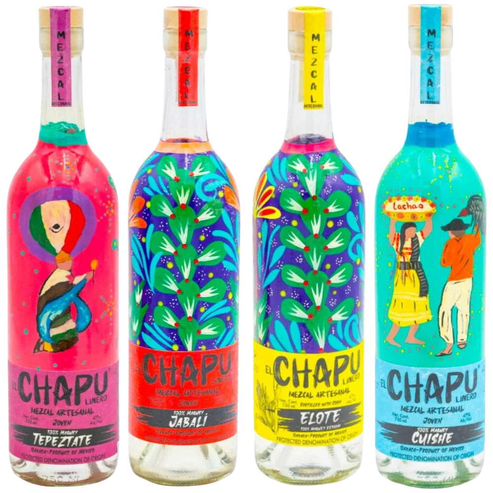 El Chapu Linero Mezcal Artesanal 4-bottle combo featuring Tepeztate in pink, Jabalí in red, Espadín Elote in yellow, and Cuishe in turquoise, each in a 750mL bottle with colorful Mexican folk-art designs.