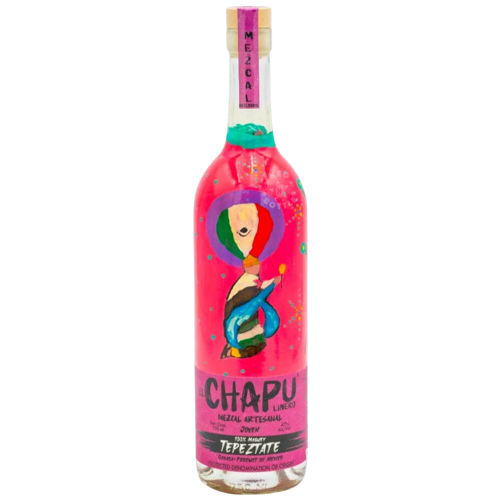 El Chapu Linero Tepeztate Mezcal Artesanal 750mL bottle featuring a vibrant pink label, colorful Mexican folk-art illustration of a woman, and Tepeztate branding.