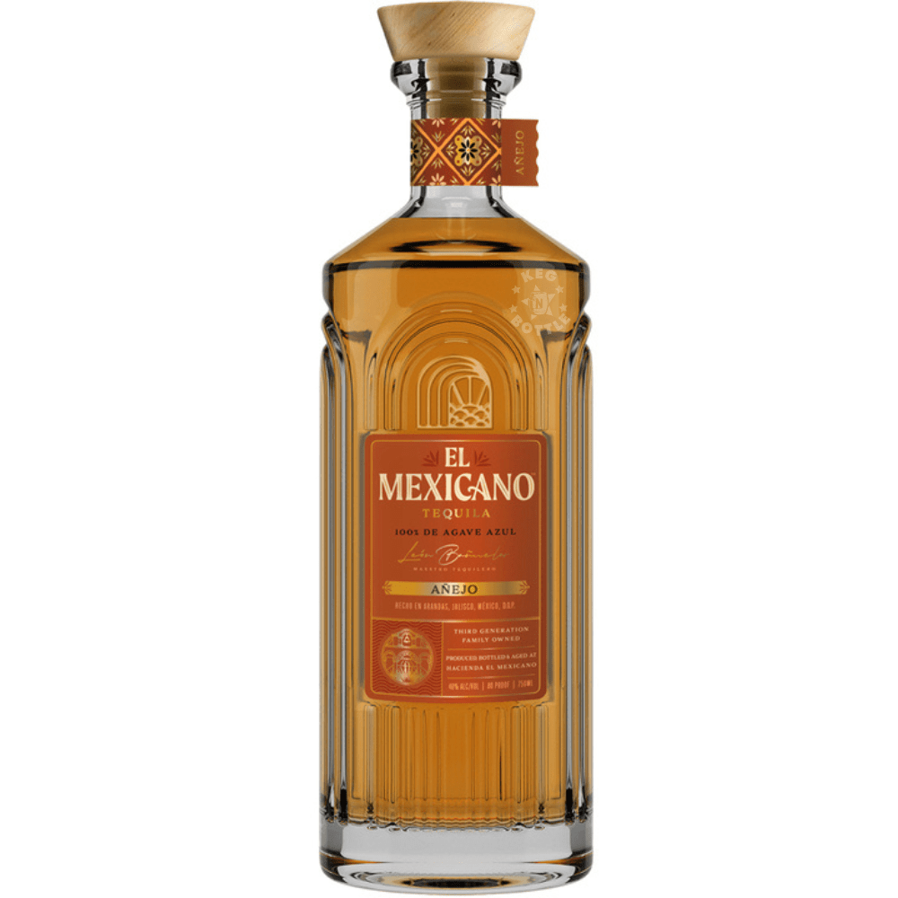 El Mexicano Añejo Tequila 750mL bottle made with 100% Blue Agave in Arandas, Jalisco, Mexico.
