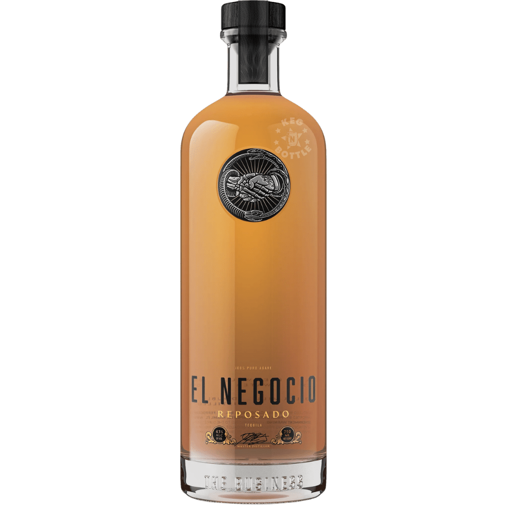 Bottle of El Negocio Reposado Tequila with amber tequila in elegant clear glass bottle and premium modern design