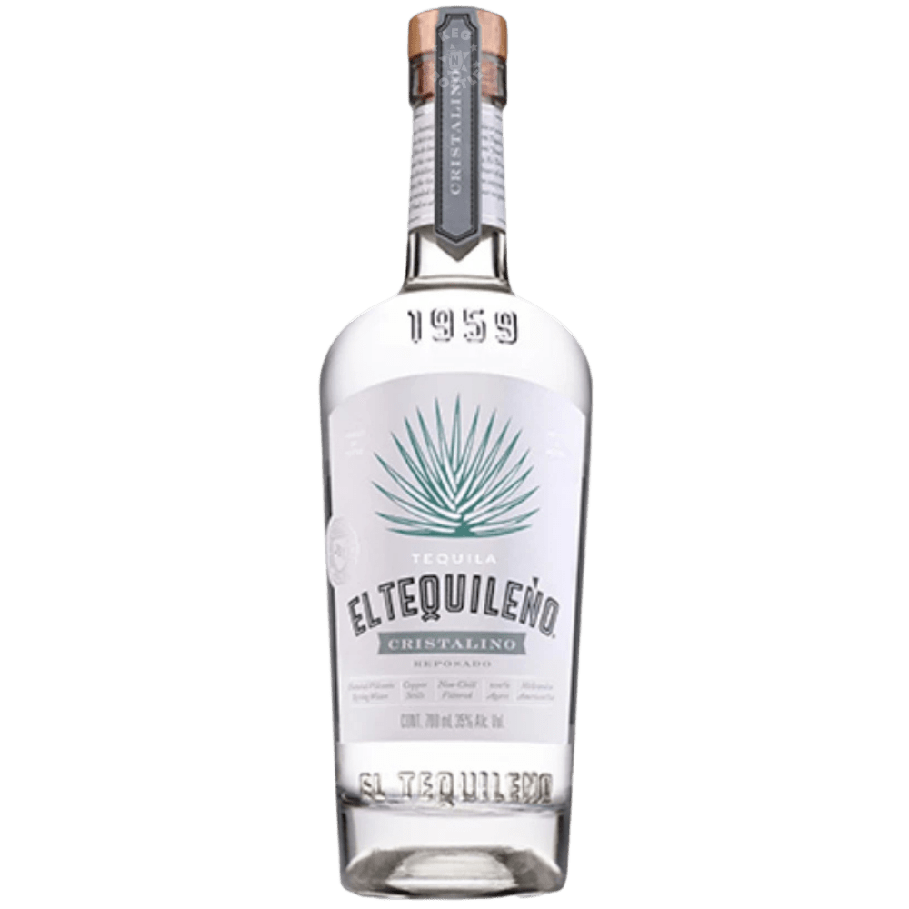 Bottle of El Tequileño Cristalino Reposado Tequila with clear glass presentation and silver agave label