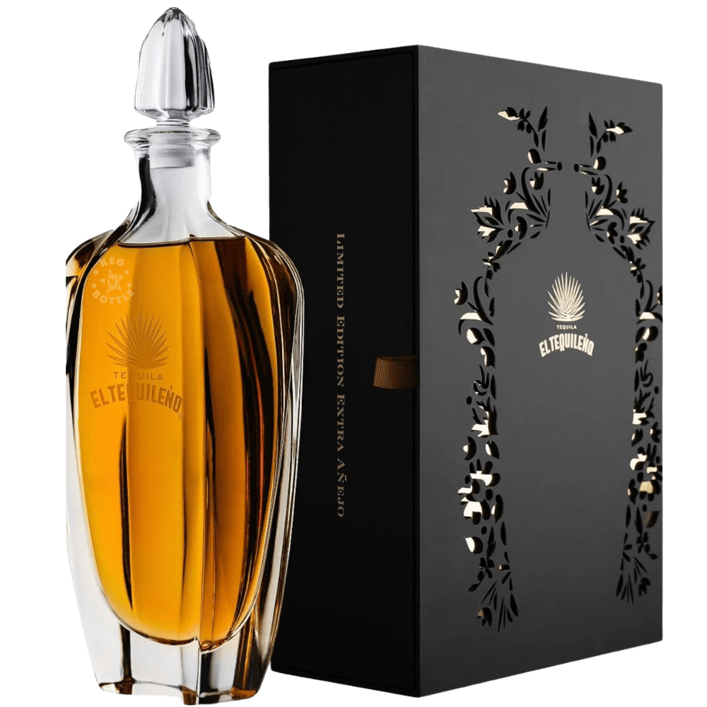 Luxury bottle of El Tequileño Extra Añejo Tequila with elegant decanter design and premium gift box