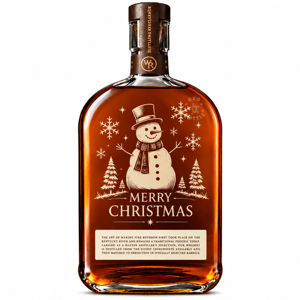 Engraved Christmas Woodford Reserve Bourbon Whiskey 750mL featuring Snowman engraving designs.