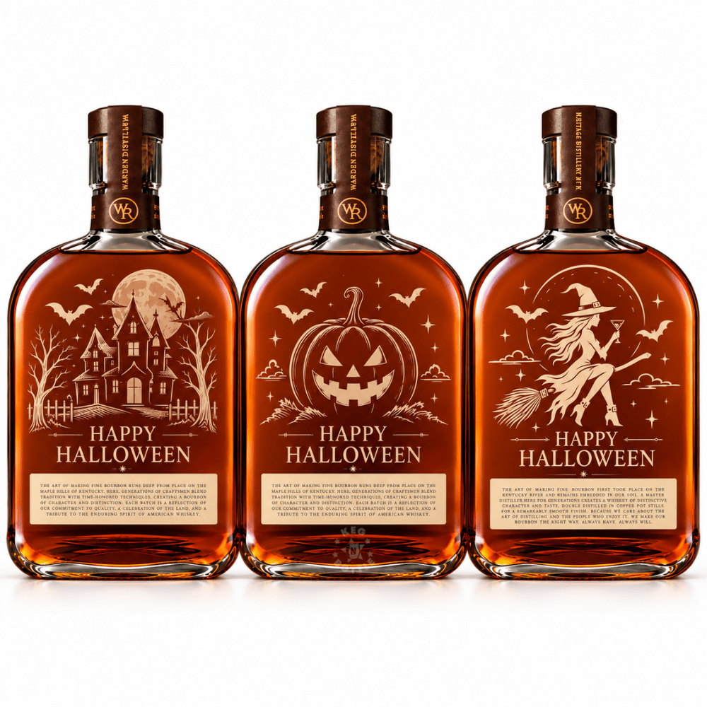 Engraved Halloween Woodford Reserve Bourbon Whiskey 750mL featuring Witch, Pumpkin, and Haunted House seasonal engraving designs.