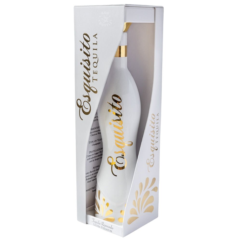 Esquisito Ultra-Premium Reposado Tequila 750 ml in white and gold ceramic bottle