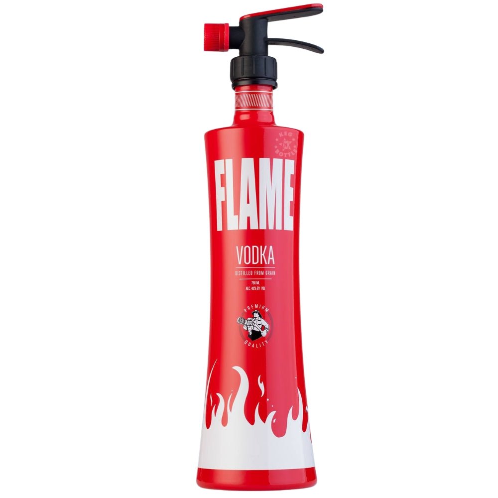 Flame Premium Vodka 750ml in red fire extinguisher shaped novelty bottle.
