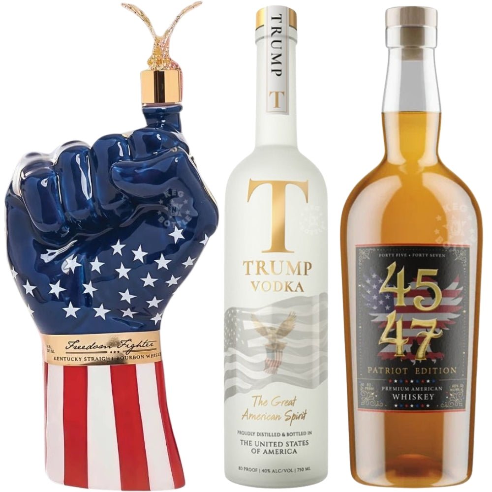 Freedom patriotic spirits combo pack with 45 47 Patriot Edition whiskey Freedom Fighter bourbon and Trump vodka three bottle bundle