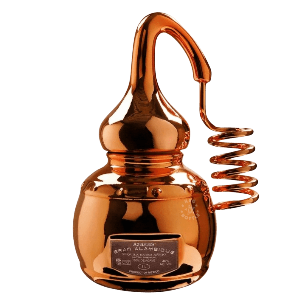 Gran Alambique Extra Añejo Tequila 750mL in a copper-colored sculptural bottle shaped like a traditional distillation still with a spiral condenser.