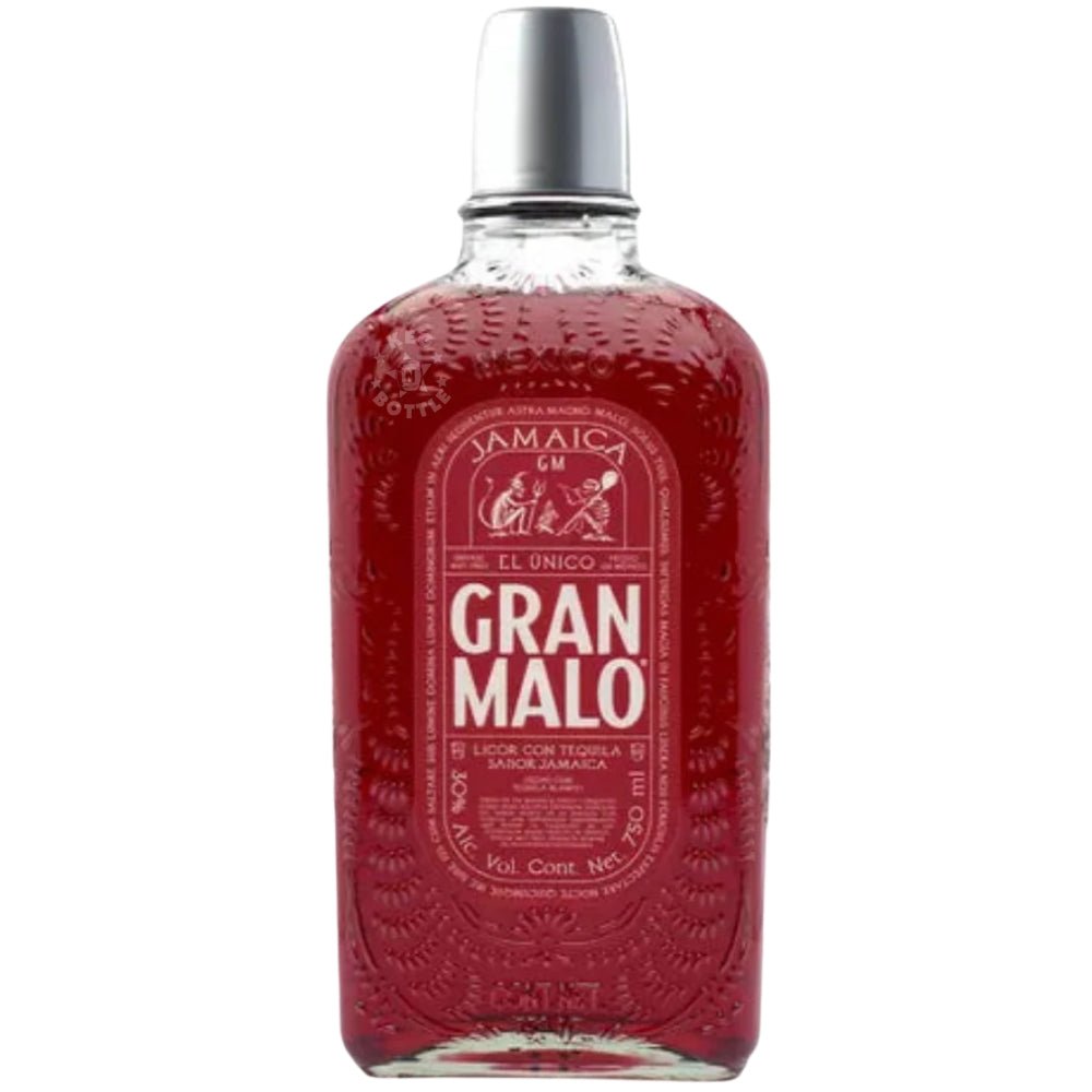 Gran Malo Jamaica Tequila Liqueur 750mL red hibiscus flavored tequila bottle with silver cap