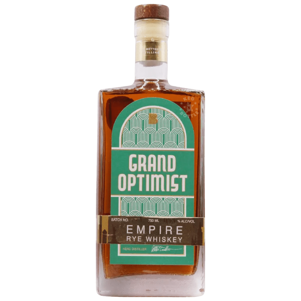 Grand Optimist Empire Rye Whiskey 750mL rectangular glass bottle featuring amber whiskey, a green and gold Art Deco-inspired label, and 47.8% ABV branding. 1