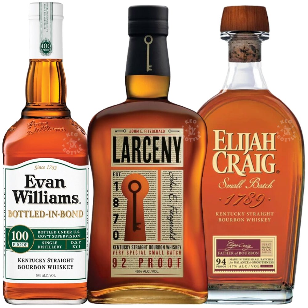 Three-bottle Heaven Hill Daily Drinkers Bourbon Trio showing Evan Williams Bottled-in-Bond, Larceny Small Batch and Elijah Craig Small Batch bottles side by side.