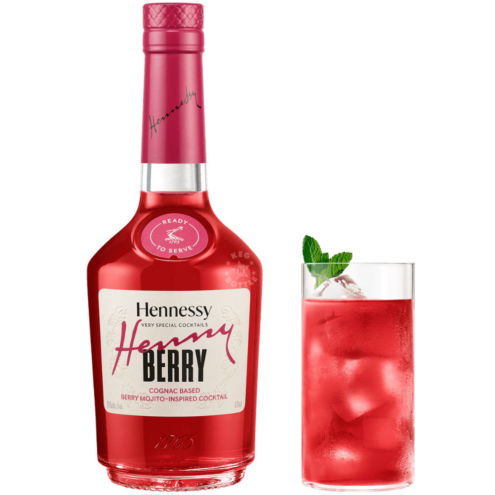 Hennessy Very Special Cocktails Henny Berry 375mL bottle with a Berry Mojito-inspired ready-to-serve cocktail featuring blackberry, blackcurrant, lime, mint, and Hennessy Very Special Cognac.