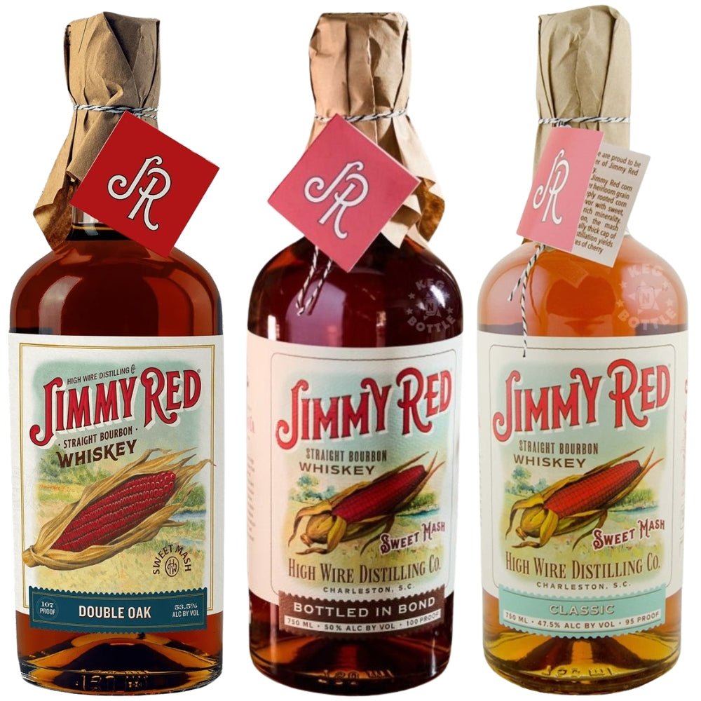 High Wire Jimmy Red Bourbon collection including Straight Bourbon, Bottled in Bond 6B, and Double Oaked 750ml bottles.