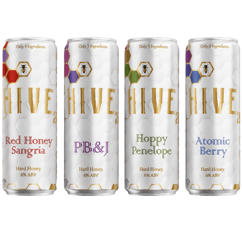 Hive Hard Honey Variety Bundle featuring Red Honey Sangria, PB&J, Hoppy Penelope, and Atomic Berry 355mL cans.