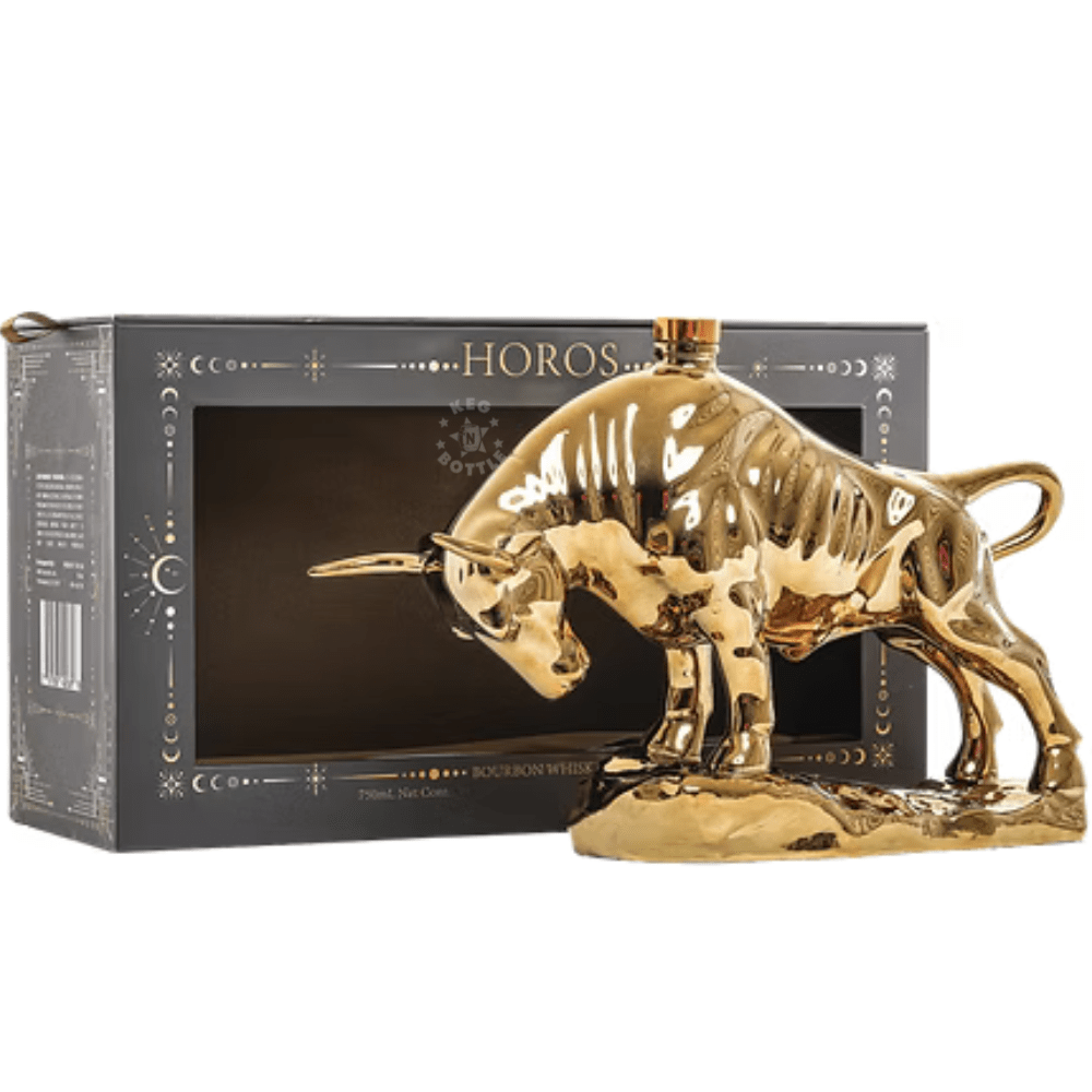 HOROS Longhorn Limited Edition Bourbon Whiskey 750mL in a collectible golden longhorn bull decanter with decorative luxury presentation box, 40% ABV and 80 proof.