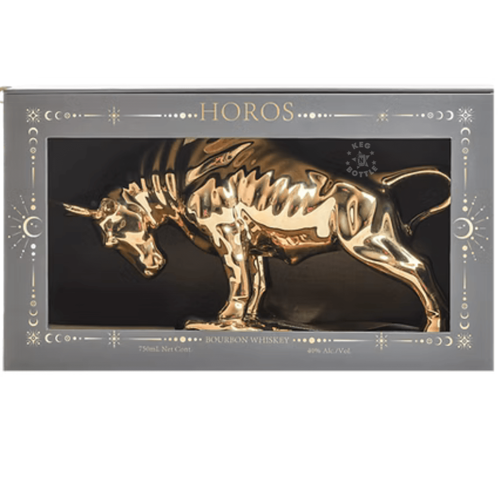 HOROS Longhorn Limited Edition Bourbon Whiskey 750mL in a collectible golden longhorn bull decanter with decorative luxury presentation box, 40% ABV and 80 proof. 3