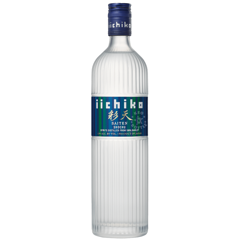 iichiko Saiten Japanese barley shochu in frosted ribbed bottle with blue and green label design