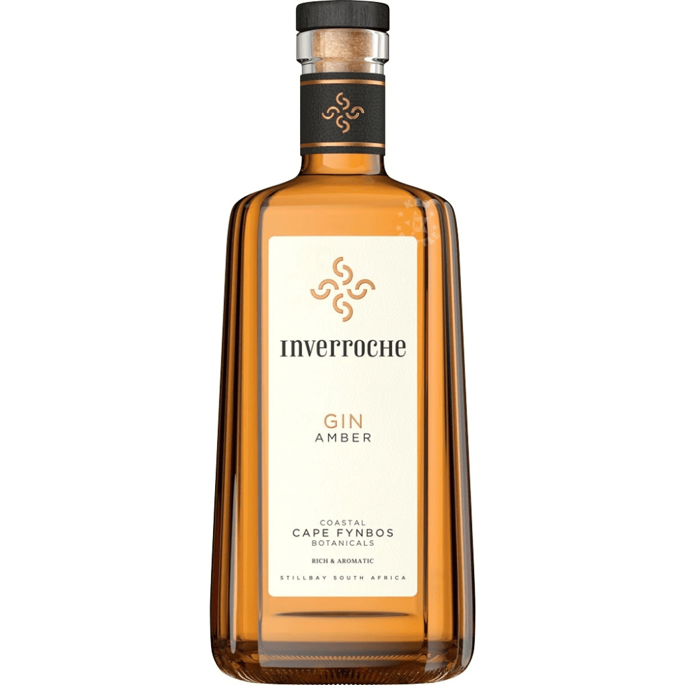 Inverroche Amber Gin 750mL bottle featuring rich amber-colored South African craft gin, an elegant cream label with gold botanical emblem, and distinctive black cap, crafted with coastal Cape fynbos botanicals.