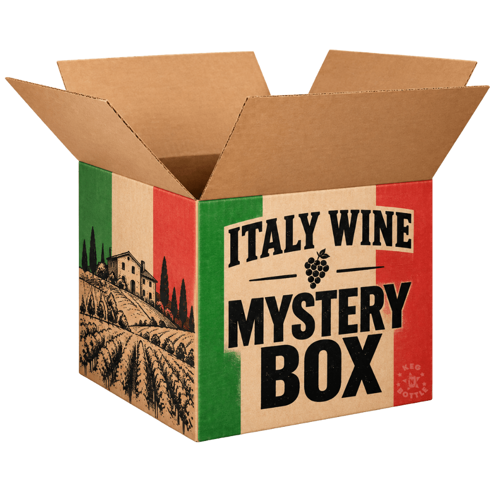 Italy Wine Mystery Box featuring Italian wines and the Italian flag.