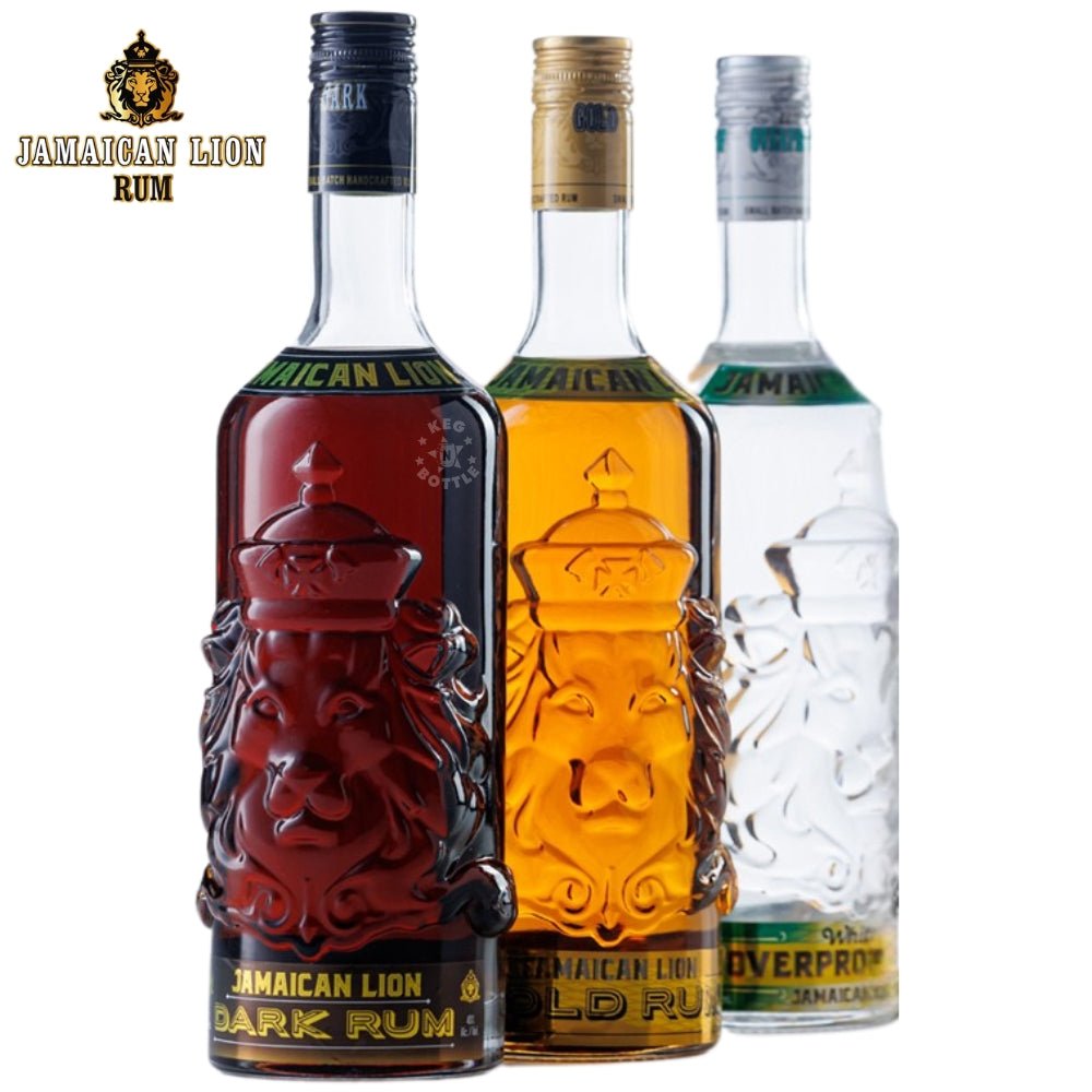 Jamaican Lion rum variety pack with dark gold and overproof bottles