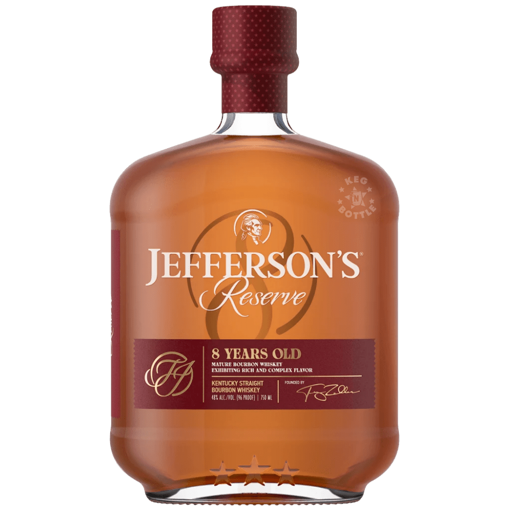Jefferson's Reserve 8 Year Old Kentucky Straight Bourbon Whiskey 750mL bottle with amber-colored bourbon, burgundy cap, and signature Jefferson's Reserve label.