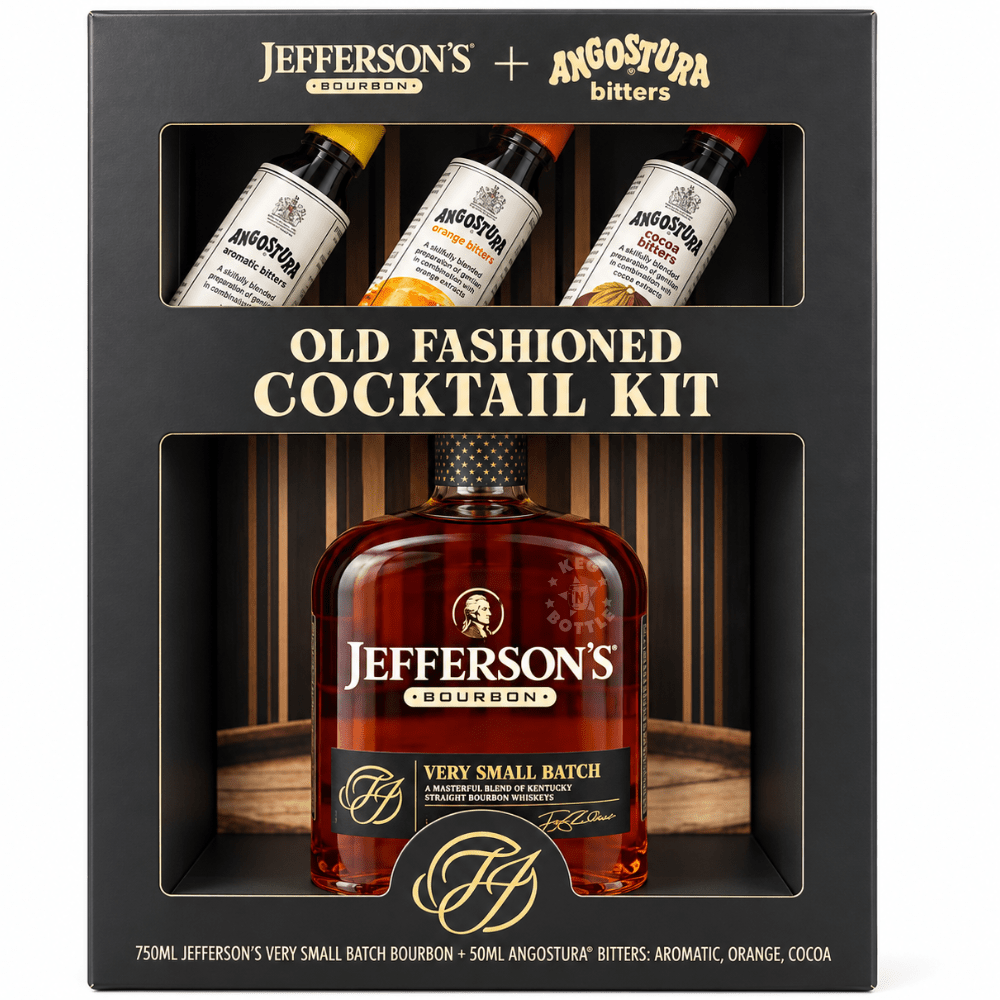 Jefferson's Very Small Batch Bourbon Old Fashioned Cocktail Gift Set featuring one 750mL bourbon bottle and three 50mL Angostura Aromatic, Orange, and Cocoa Bitters bottles in a black and gold gift box.