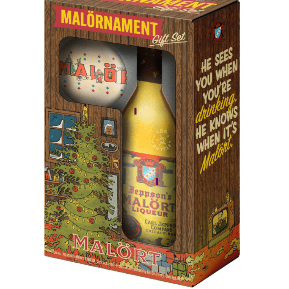 Jeppson’s Malört Malörnament Gift Set 2026 with 750mL bottle and collectible holiday Malörnament in festive gift packaging.