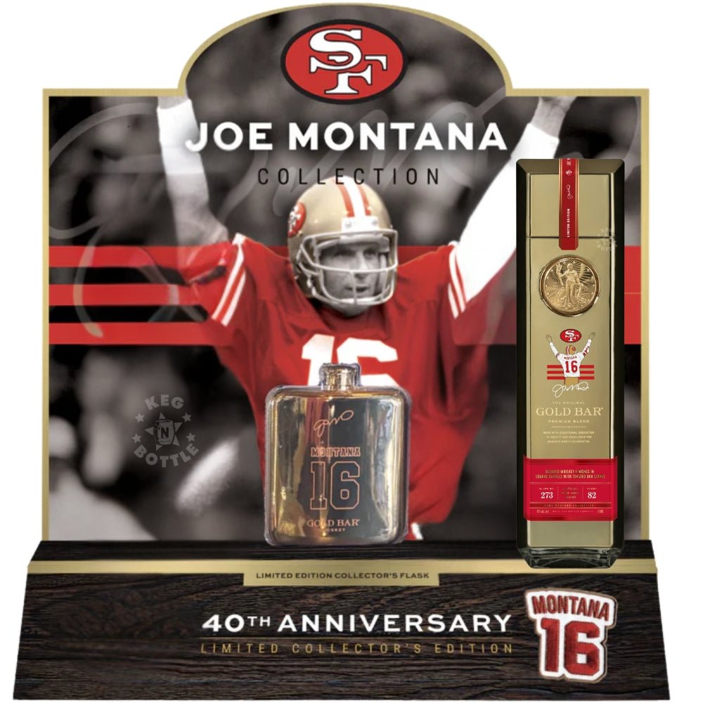 Joe Montana Barrel Select Gift Set with Gold Bar Whiskey Blend 273 and Limited Edition Gold Flask in 40th Anniversary Display Box