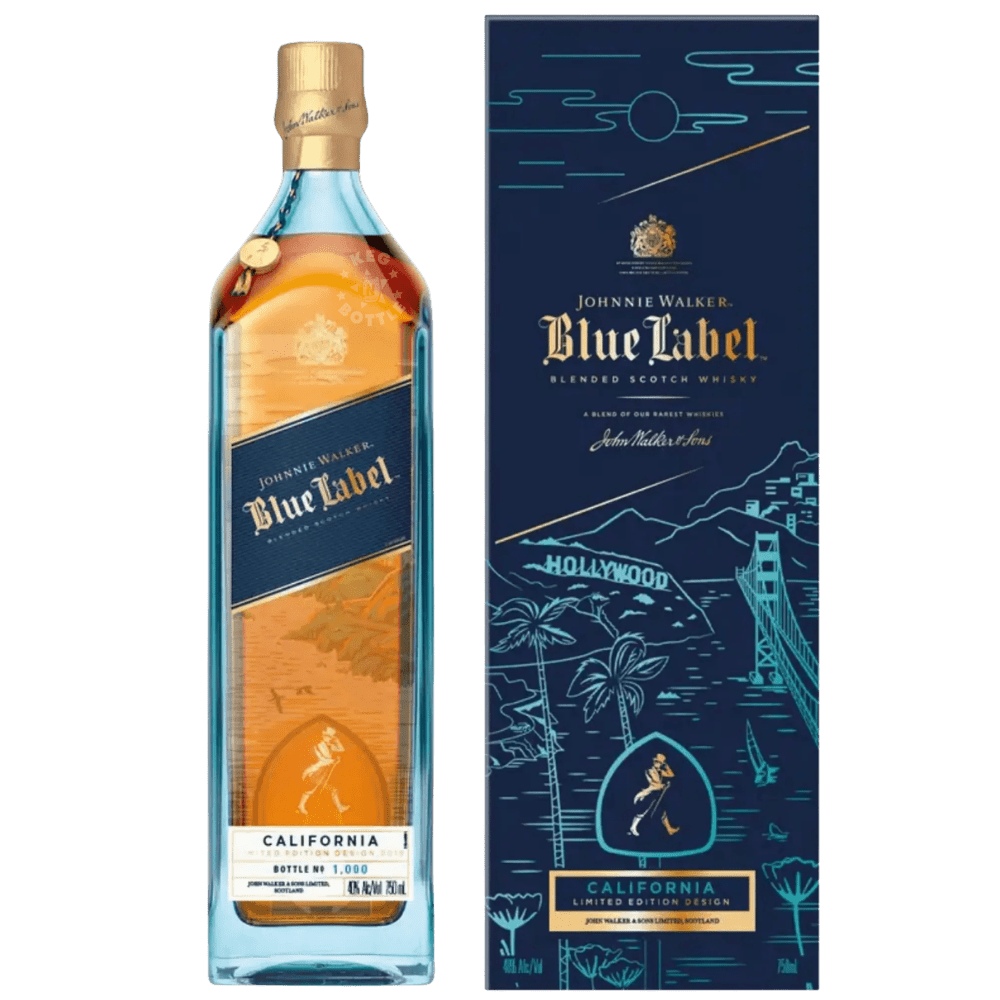 Johnnie Walker Blue Label California Limited Edition Blended Scotch Whisky 750mL with exclusive California-themed collector's gift box featuring Golden Gate Bridge and Hollywood artwork.