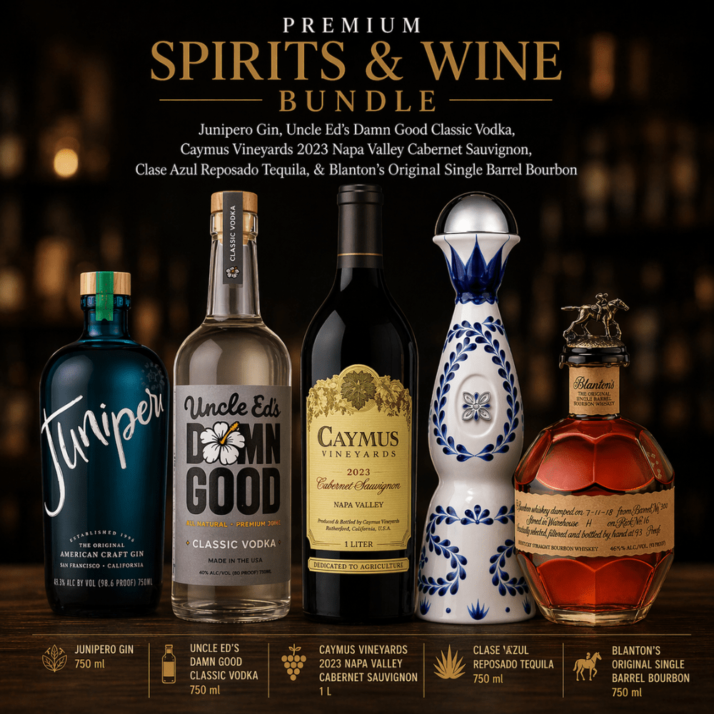 Junipero Gin, Damn Good Vodka, Caymus Cabernet, Clase Azul, & Blanton’s Bundle