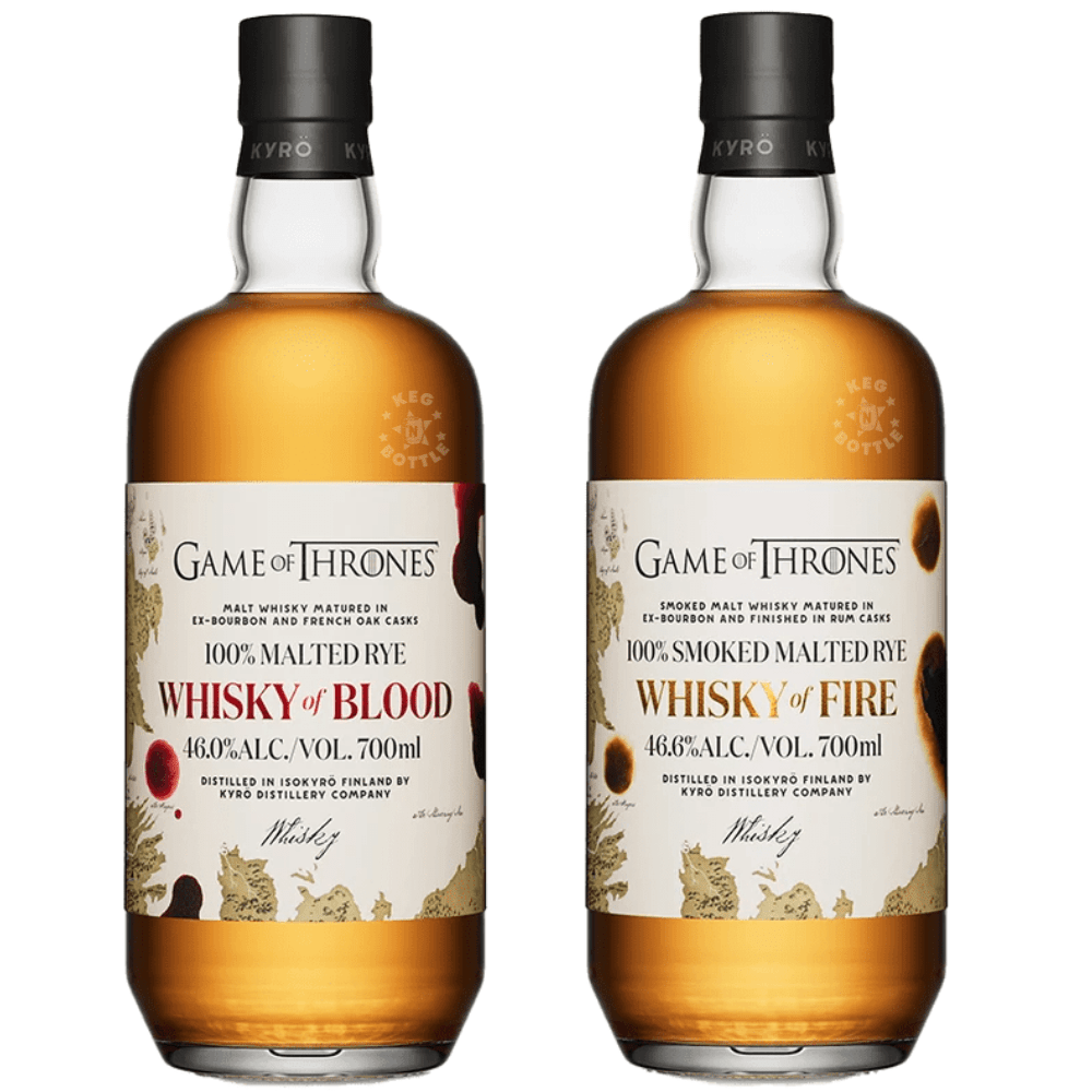 Kyrö Game of Thrones Whisky of Blood and Whisky of Fire 2 x 700mL bundle featuring two Finnish malted rye whisky bottles with collectible Game of Thrones presentation boxes.