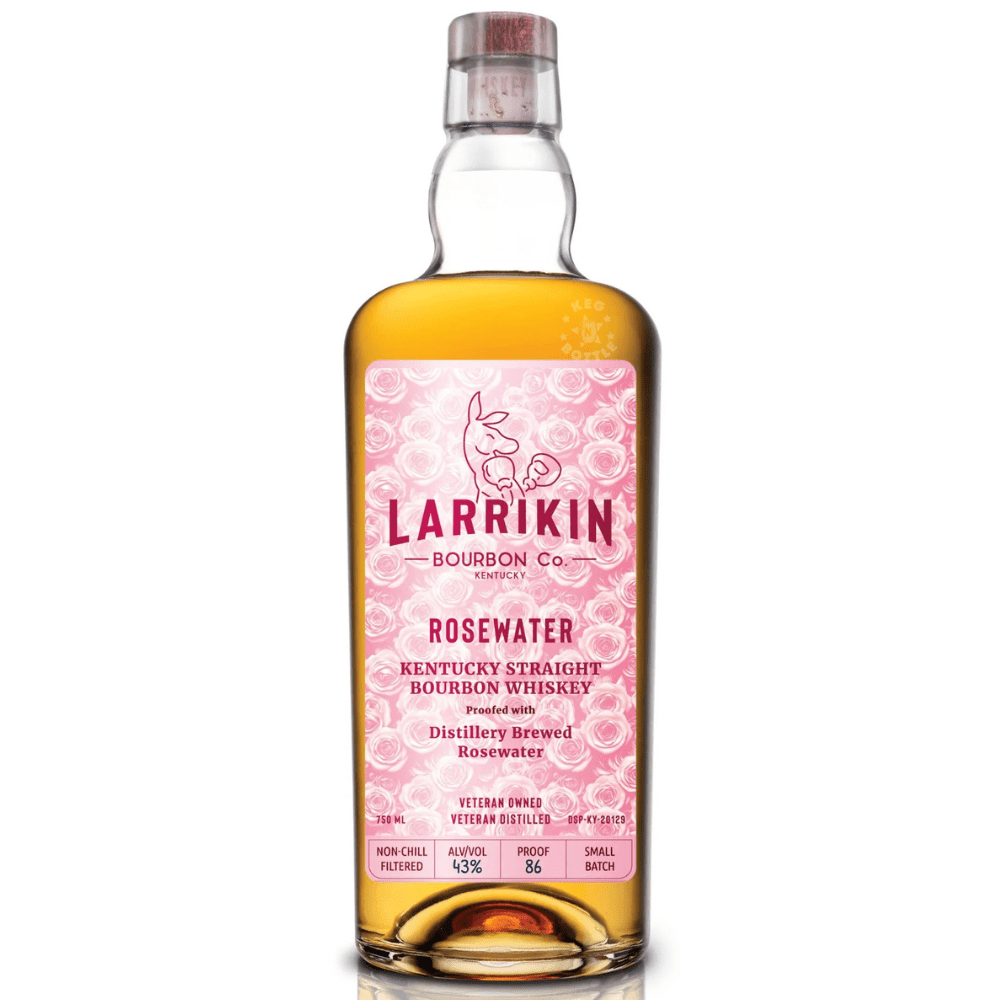 Larrikin Rosewater 6 Year Old Kentucky Straight Bourbon Whiskey 750mL bottle featuring amber bourbon, a distinctive pink label, and Larrikin Bourbon Co. branding.