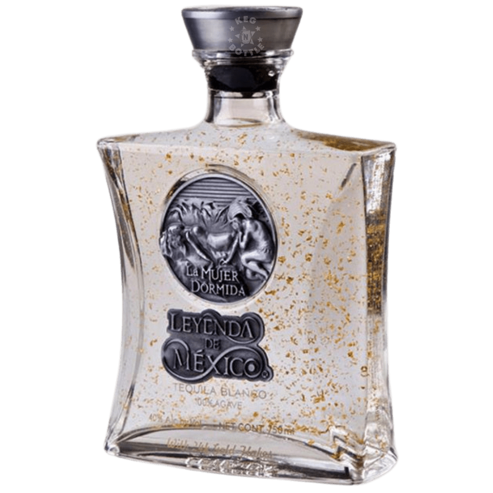 Leyenda de México La Mujer Dormida Blanco Tequila 750mL clear-glass decanter featuring decorative gold flakes, a dark metallic emblem, silver stopper, and 100% agave branding.