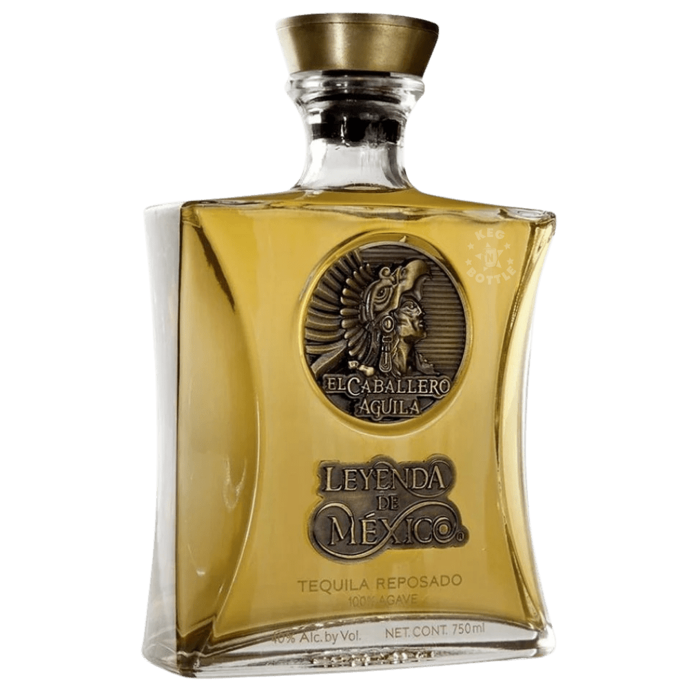 Leyenda de México El Caballero Águila Reposado Tequila 750mL amber-colored decanter featuring a gold Eagle Warrior emblem, metallic branding, and gold stopper.