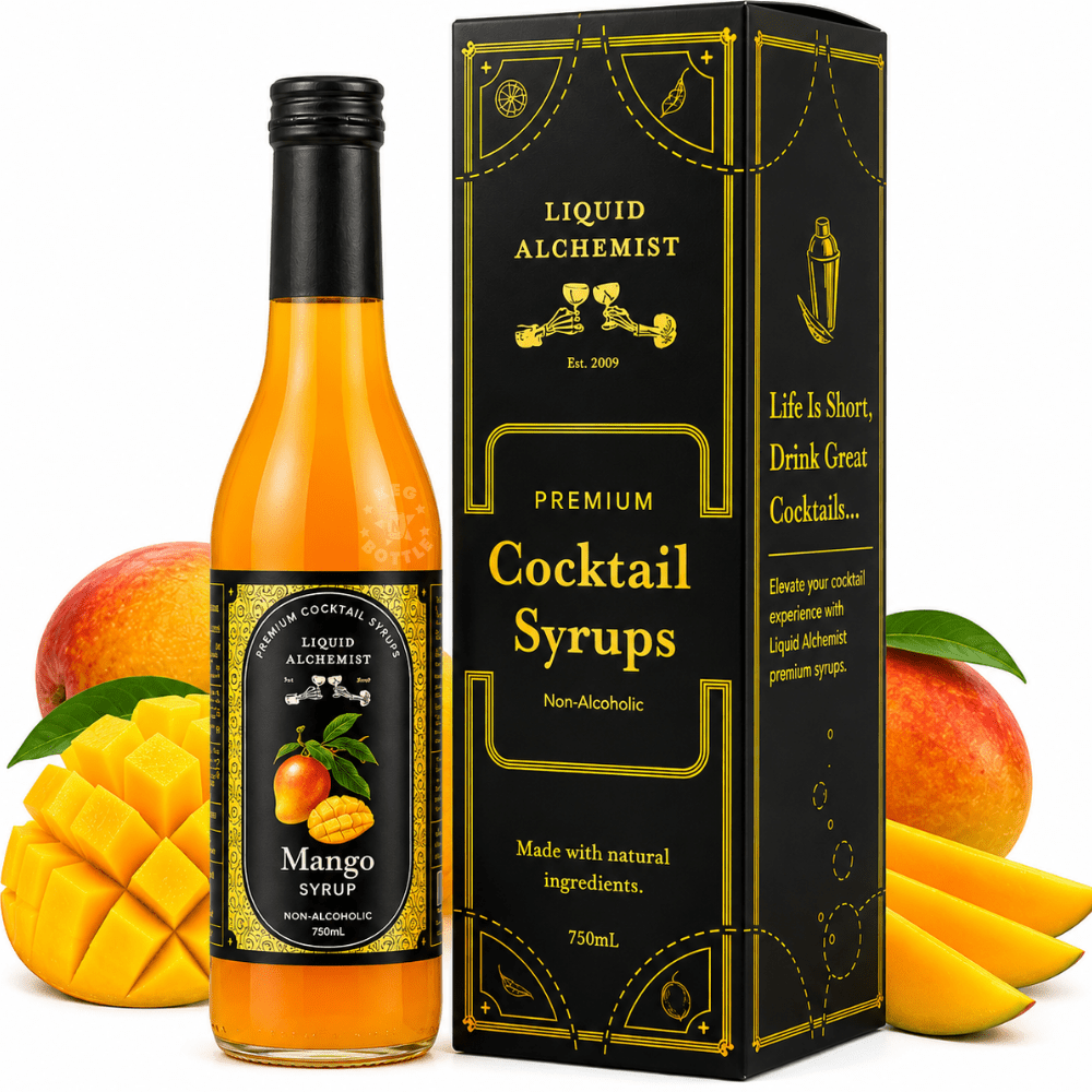 Bottle of Liquid Alchemist Mango Syrup non-alcoholic cocktail mixer with mango artwork and premium black label design