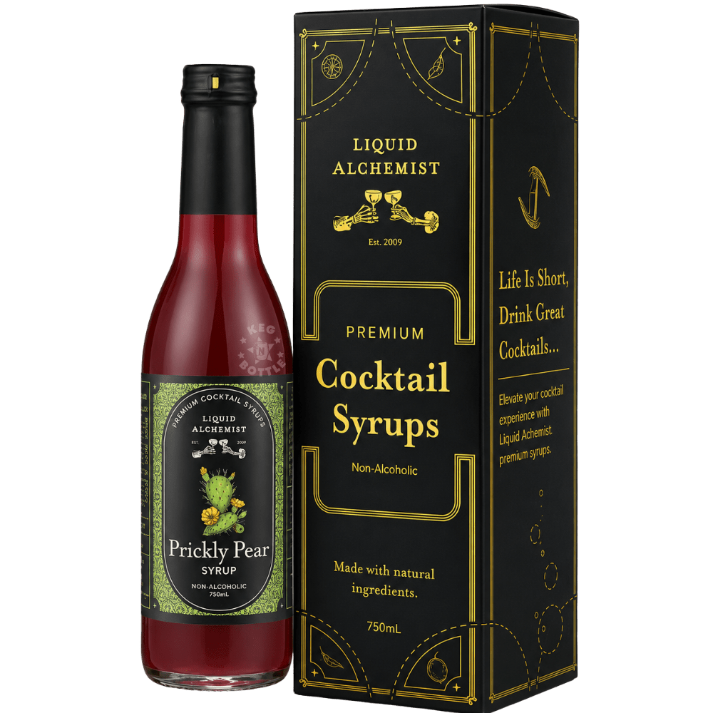 Bottle of Liquid Alchemist Prickly Pear Syrup non-alcoholic cocktail mixer with cactus fruit artwork and premium black label design