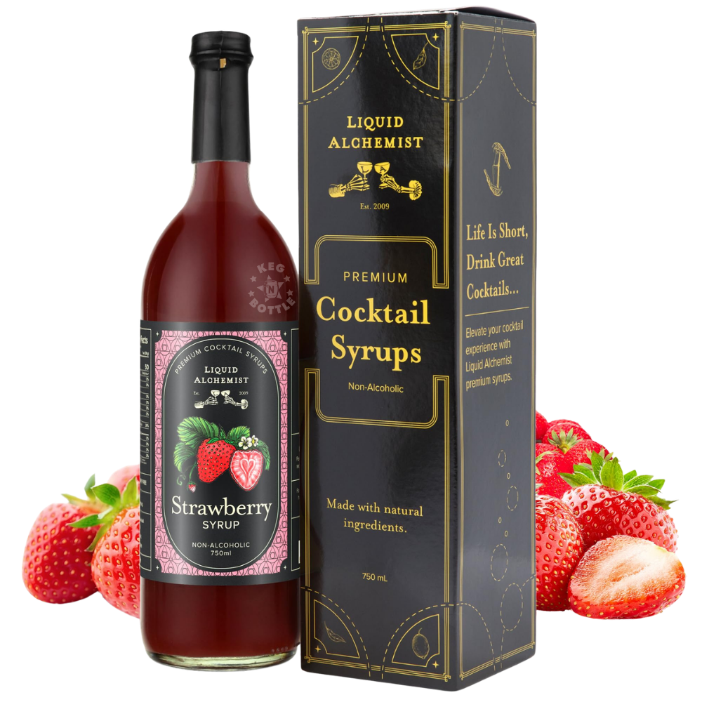 Bottle of Liquid Alchemist Strawberry Syrup cocktail mixer with strawberry artwork and black premium label design