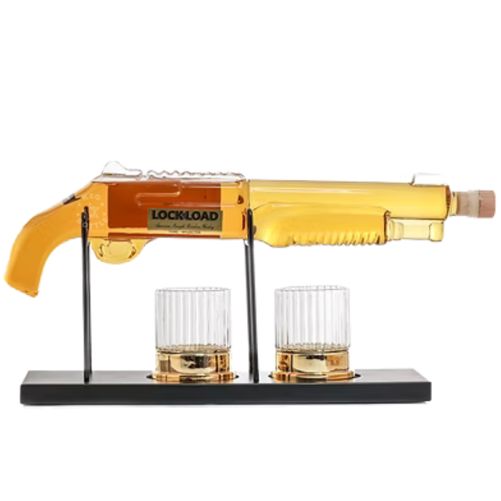 Lock & Load Shotgun Gift Set with 80-proof Straight Bourbon Whiskey decanter, black display stand, two shotgun shell-inspired whiskey glasses, and limited-edition presentation box.