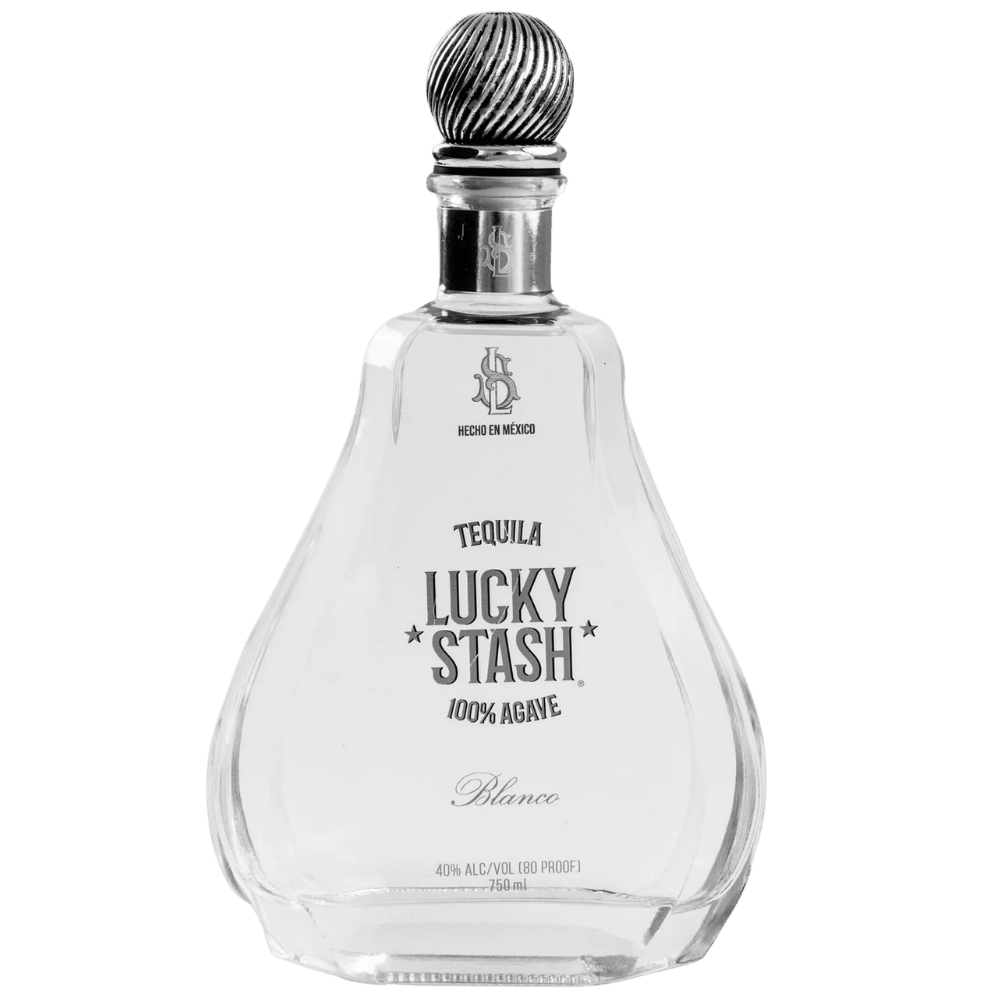 Lucky Stash Blanco Tequila 100 percent agave in clear collectible decanter-style bottle with silver accents
