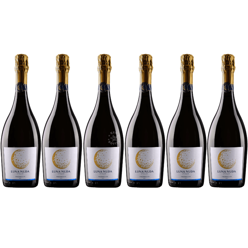 Luna Nuda Prosecco Italian sparkling wine 6-pack featuring six 750mL bottles with elegant white labels, gold crescent moon designs, and gold foil necks. 6 Pack