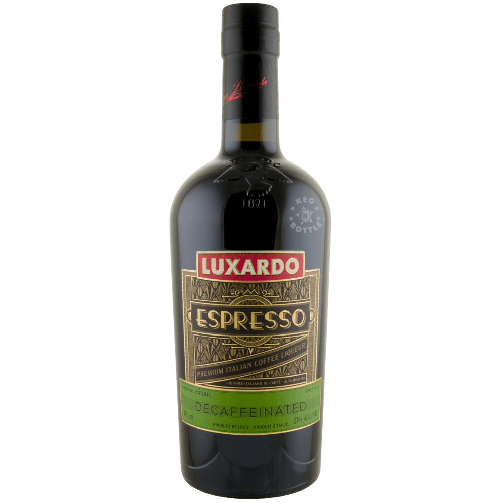 Bottle of Luxardo Decaffeinated Espresso premium Italian coffee liqueur with black and gold label and green decaffeinated banner
