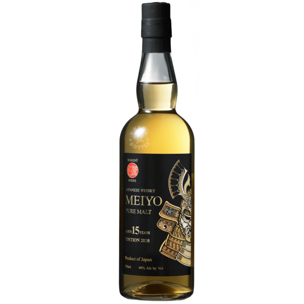 Meiyo 15 Year Old Pure Malt Japanese Whisky 750mL bottle, Edition 2020, featuring amber whisky, a dark label with gold samurai-inspired artwork, and a decorative neck seal.